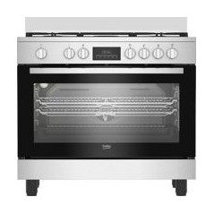BEKO Cocina 5F GAS INOX 90x85x60, Horno electrico Multif. 7, Display, Wok doble corona Central, Gas Butano (Inyectores