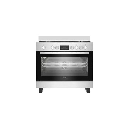 BEKO Cocina 5F GAS INOX 90x85x60, Horno electrico Multif. 7, Display, Wok doble corona Central, Gas Butano (Inyectores