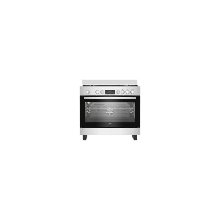 BEKO Cocina 5F GAS INOX 90x85x60, Horno electrico Multif. 7, Display, Wok doble corona Central, Gas Butano (Inyectores